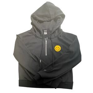 Revival Hoodie Womens Medium Black Smiley Face Yellow Half Zip Pullover Cotton
